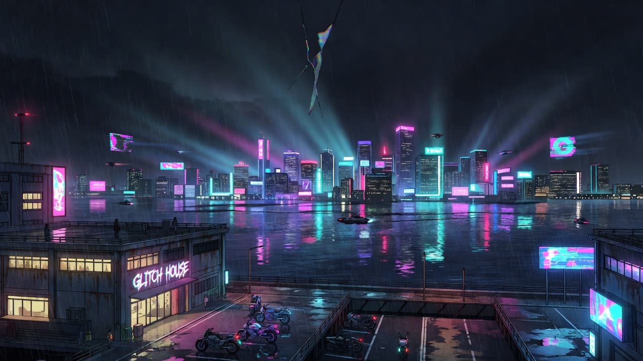 Neo-Tokyo Bay skyline and Glitch House at night in the rain